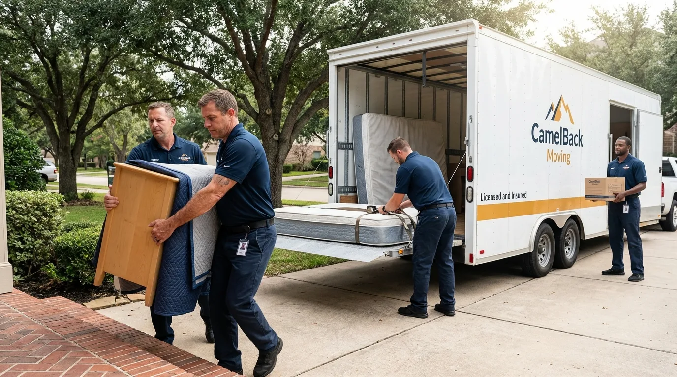 Crew loading residential truck for cross-state move from Kemah, TX
