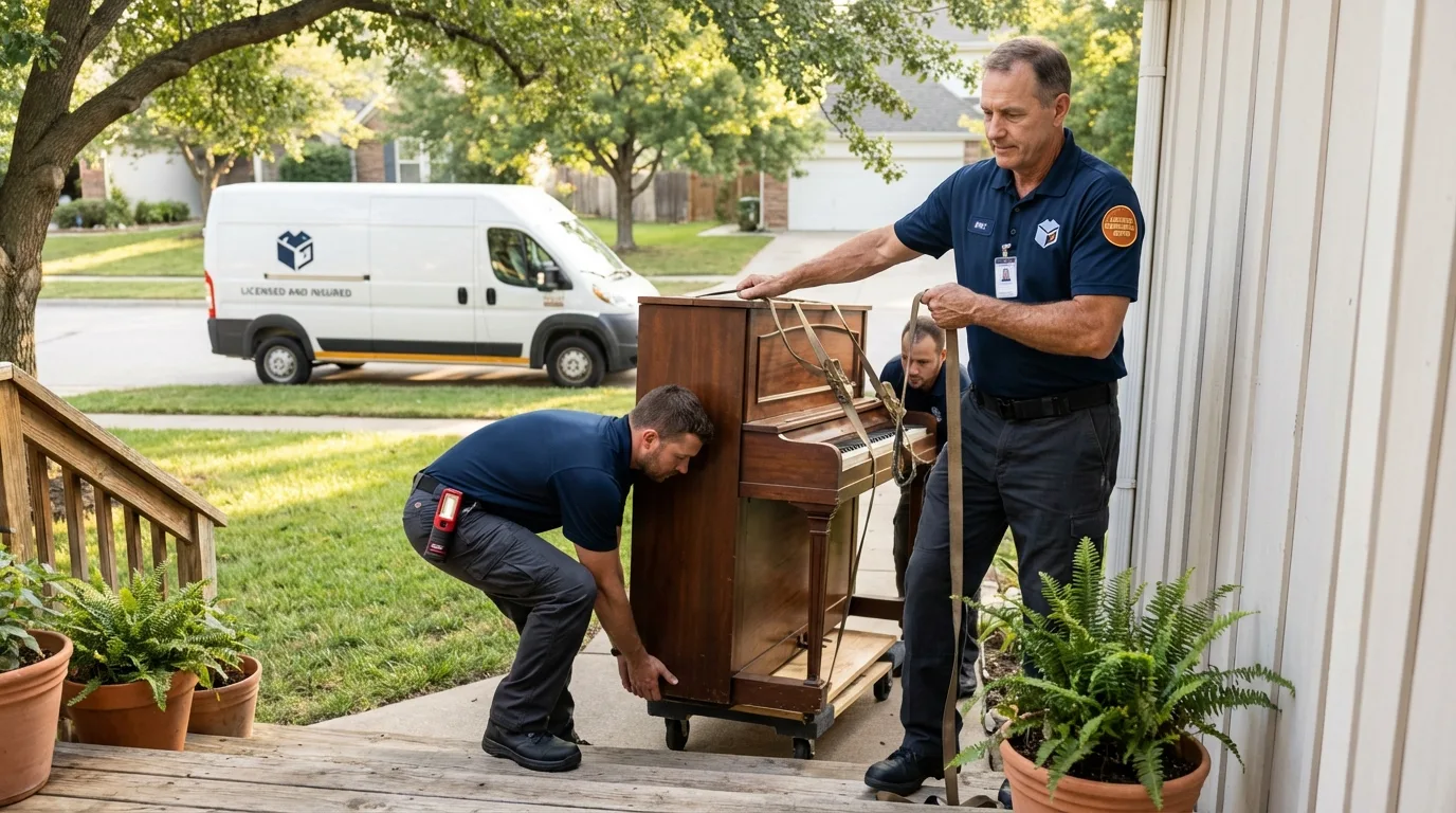 Licensed piano movers securing grand piano in Kemah, TX