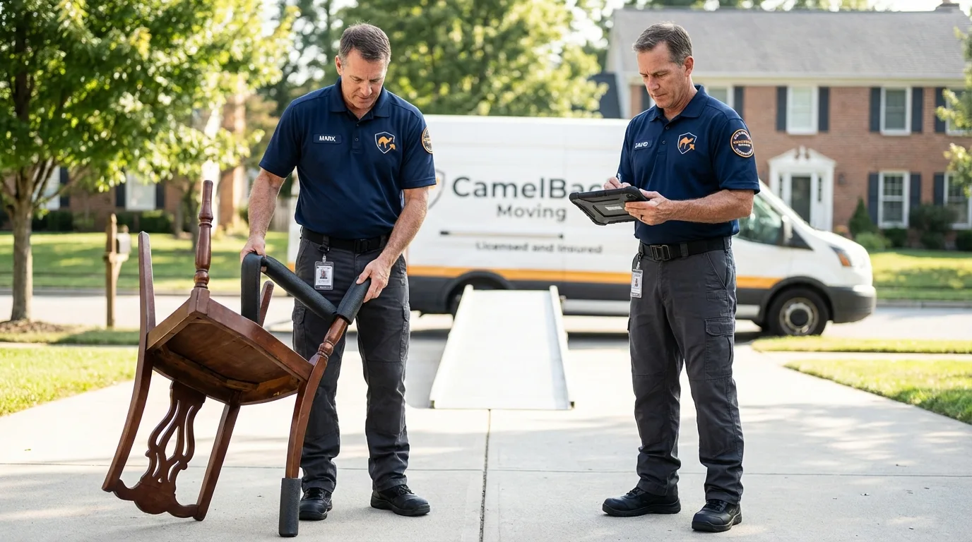 Movers inspecting furniture for damage prevention before loading in Kemah, TX
