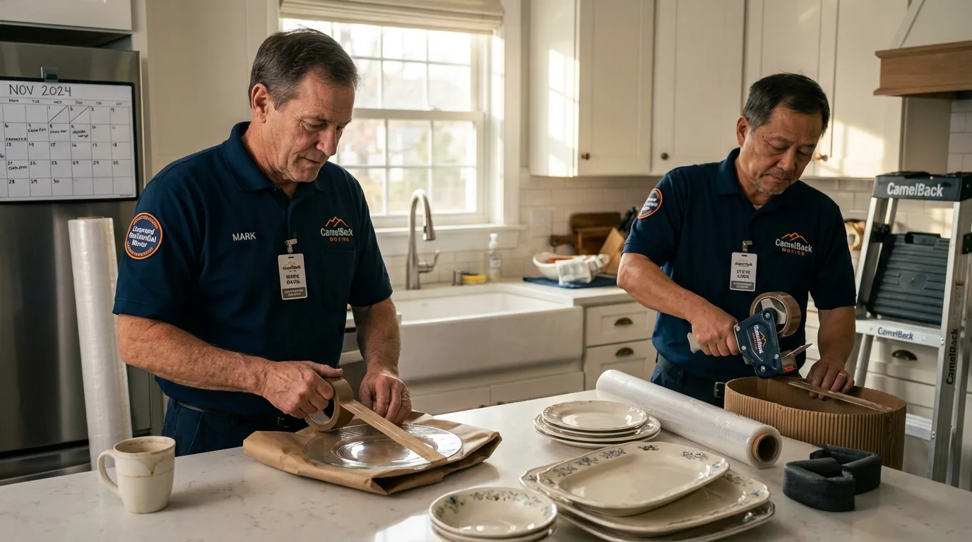 Professional crew packing kitchen dishware in Kemah, TX